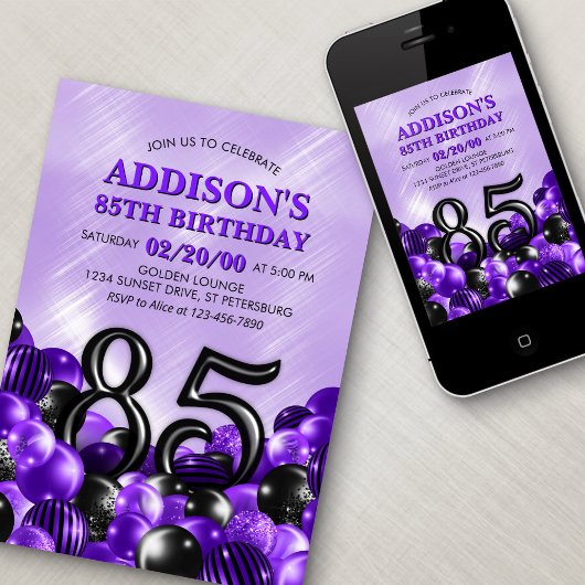 Ballonnen Paarse 85e Verjaardag Kaart