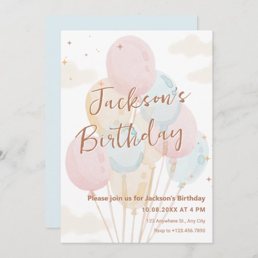 Ballonnen pastel waterverf verjaardag kaart (Voorkant / Achterkant)