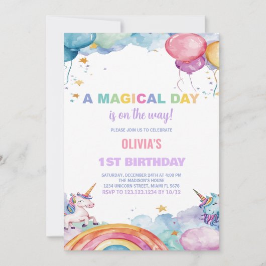Ballonnen Rainbow Unicorn Verjaardag Uitnodigingen (Voorkant)