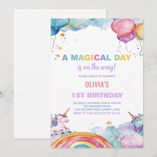 Ballonnen Regenboog Eenhoorn Verjaardagsuitnodigin Kaart (Voorkant / Achterkant)