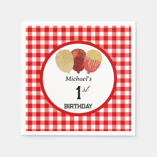 Ballonnen & Rode Gingham 1e Verjaardag Servet (Voorkant)