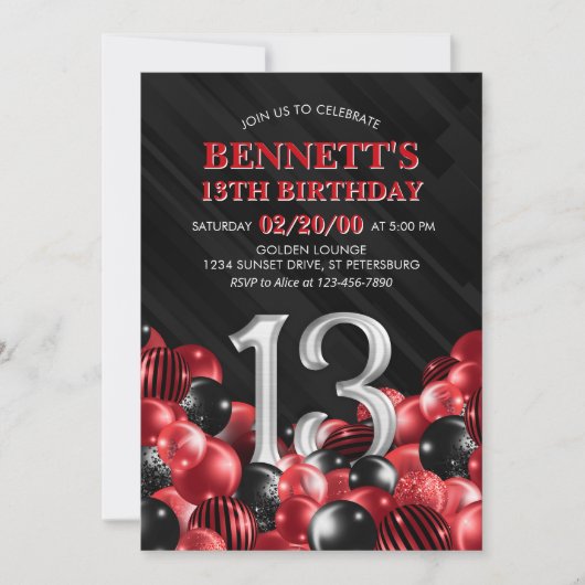 Ballonnen rood 13e verjaardag kaart (Voorkant)
