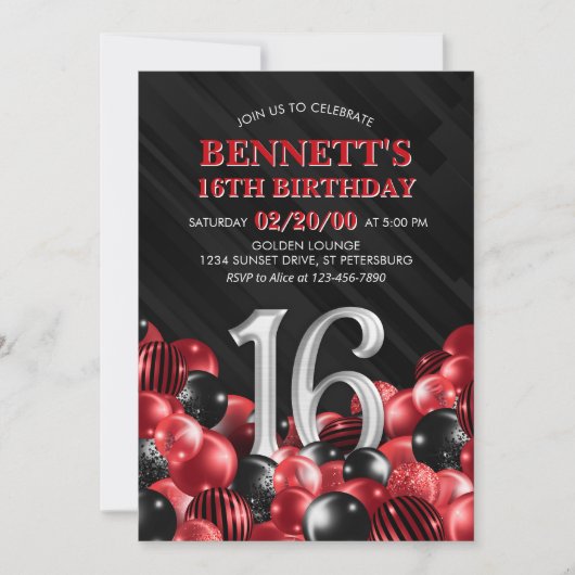 Ballonnen rood 16e verjaardag kaart (Voorkant)