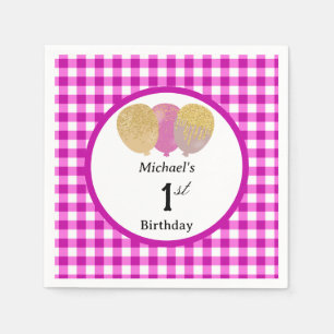 Ballonnen & Roze Gingham 1e Verjaardag Servet