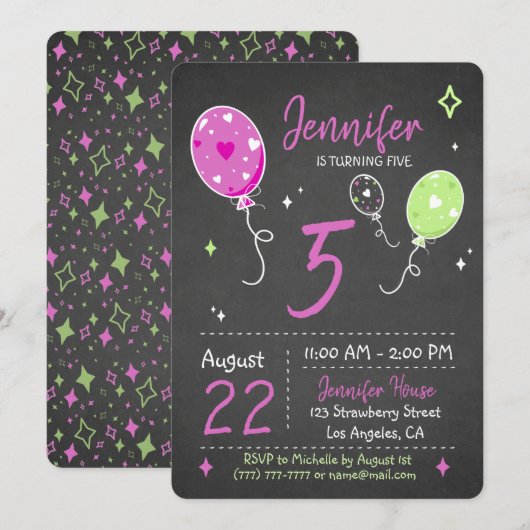 Ballonnen | Uitnodiging voor verjaardagsschoolbord (Voorkant / Achterkant)