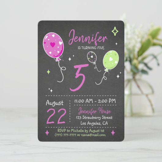 Ballonnen | Uitnodiging voor verjaardagsschoolbord (Staand voorkant)