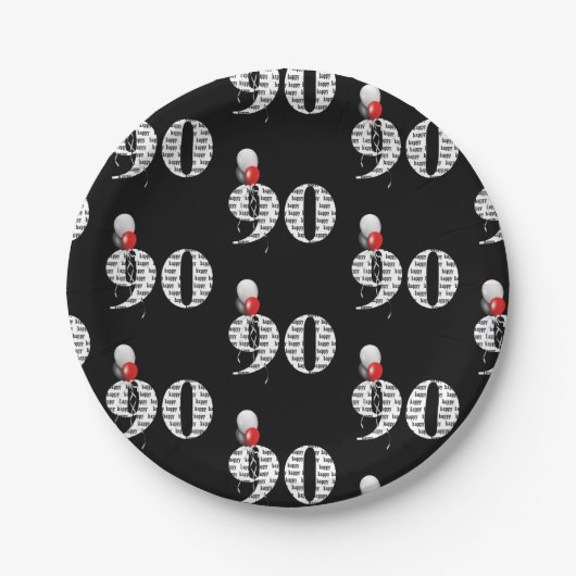 ballonnen van het 90e verjaardagsfeest op zwarte papieren bordje (Voorkant)