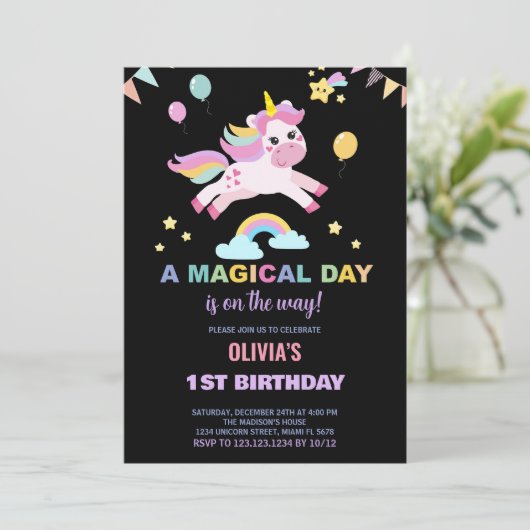 Ballonnen vlaggen eenhoorns verjaardag uitnodiging (Staand voorkant)