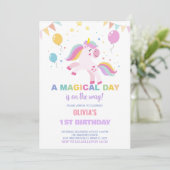 Ballonnen vlaggen eenhoorns verjaardag uitnodiging (Staand voorkant)