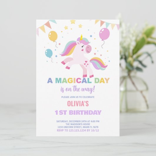 Ballonnen vlaggen eenhoorns verjaardag uitnodiging (Staand voorkant)