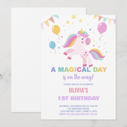 Ballonnen vlaggen eenhoorns verjaardag uitnodiging (Voorkant / Achterkant)