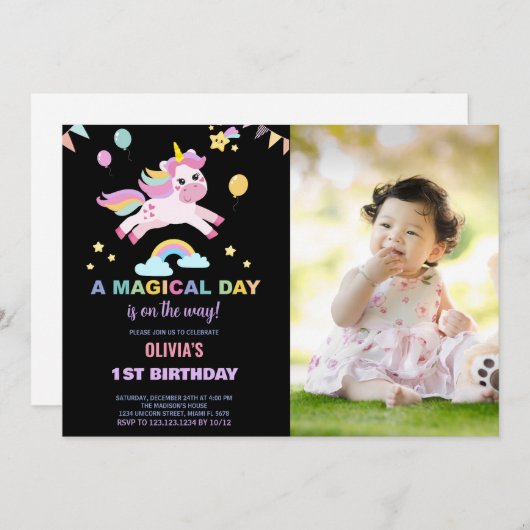 Ballonnen Vlaggen Eenhoorns Verjaardag Uitnodiging (Voorkant / Achterkant)