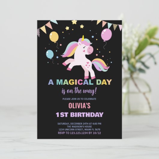 Ballonnen vlaggen eenhoorns verjaardag uitnodiging (Staand voorkant)
