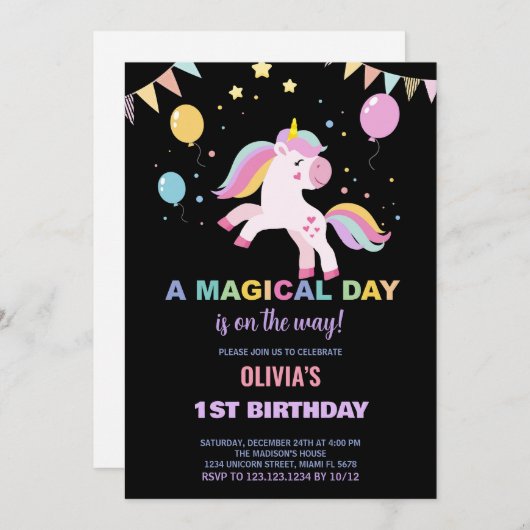 Ballonnen vlaggen eenhoorns verjaardag uitnodiging (Voorkant / Achterkant)