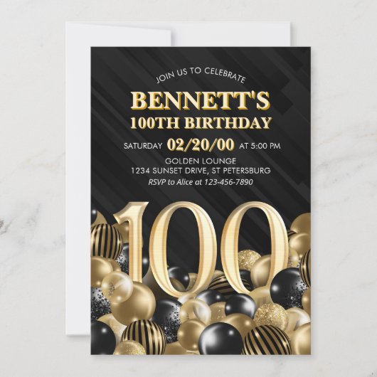 Ballonnen Zwart Goud 100e Verjaardag Uitnodiging (Voorkant)