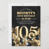 Ballonnen Zwart Goud 105e Verjaardag uitnodiging (Voorkant)