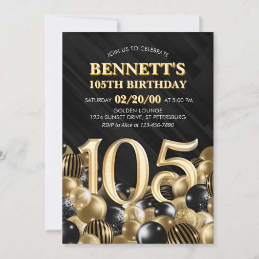 Ballonnen Zwart Goud 105e Verjaardag uitnodiging (Voorkant)