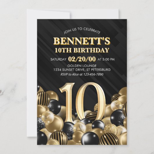 Ballonnen zwart goud 10e verjaardag kaart (Voorkant)