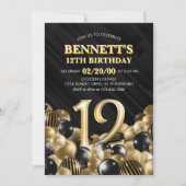 Ballonnen zwart goud 12e verjaardag kaart (Voorkant)