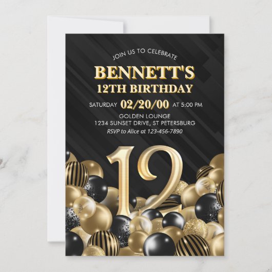Ballonnen zwart goud 12e verjaardag kaart (Voorkant)