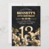 Ballonnen zwart goud 13e verjaardag kaart (Voorkant)