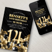 Ballonnen zwart goud 14e verjaardag kaart