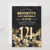 Ballonnen zwart goud 14e verjaardag kaart (Voorkant)