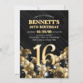 Ballonnen zwart goud 16e verjaardag kaart (Voorkant)