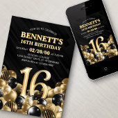Ballonnen zwart goud 16e verjaardag kaart