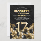 Ballonnen zwart goud 17e verjaardag kaart (Voorkant)