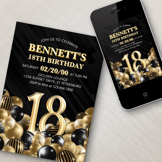 Ballonnen zwart goud 18e verjaardag kaart
