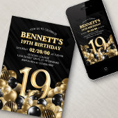 Ballonnen zwart goud 19e verjaardag kaart