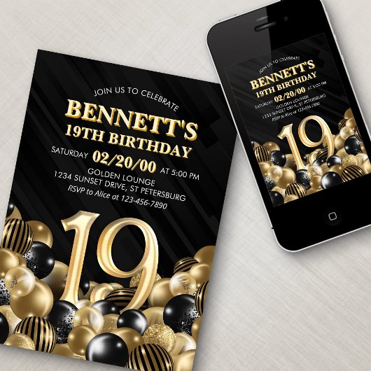 Ballonnen zwart goud 19e verjaardag kaart