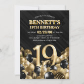 Ballonnen zwart goud 19e verjaardag kaart (Voorkant)