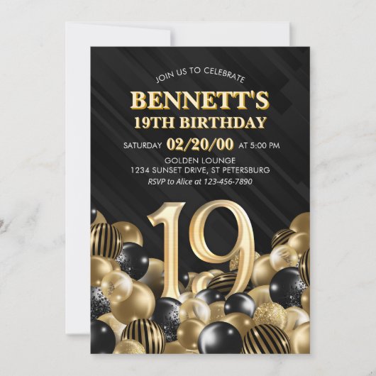 Ballonnen zwart goud 19e verjaardag kaart (Voorkant)