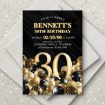 Ballonnen zwart goud 30e verjaardag kaart<br><div class="desc">Bunches en trossen ballonnen - dit ontwerp houdt gewoon niet tegen! Met gedurfde cijfers en elegante typografie in een ruimte die letterlijk overloopt van ballonnen, is dit ontwerp een instant party-starter. Het gouden en zwarte kleurenschema en de retro typografie zetten een klassieke, stijlvolle toon voor uw evenement. Perfect voor het...</div>