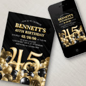 Ballonnen zwart goud 45e verjaardag kaart