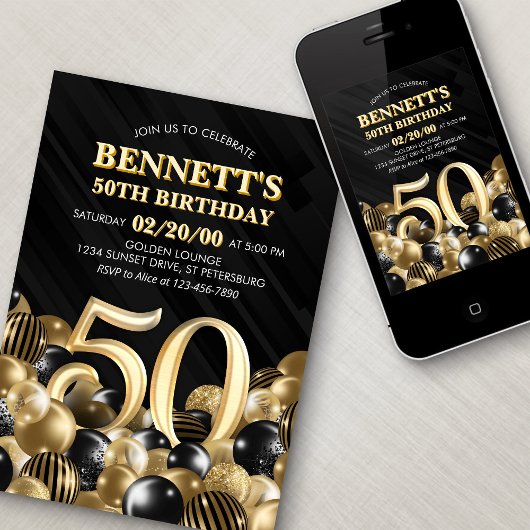 Ballonnen Zwart Goud 50e Verjaardag Kaart