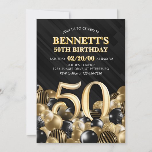 Ballonnen Zwart Goud 50e Verjaardag Kaart (Voorkant)