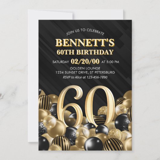 Ballonnen Zwart Goud 60e Verjaardag Kaart (Voorkant)