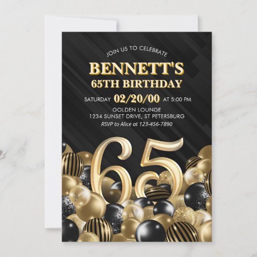Ballonnen Zwart Goud 65e Verjaardag Kaart (Voorkant)