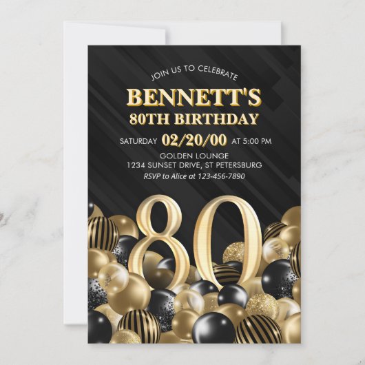 Ballonnen Zwart Goud 80e Verjaardag Kaart (Voorkant)