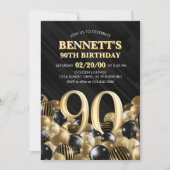 Ballonnen Zwart Goud 90e Verjaardag Kaart (Voorkant)