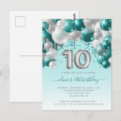 Ballonplein Blauwgroen Silver 10th Birthday Party Briefkaart (Voorkant / Achterkant)