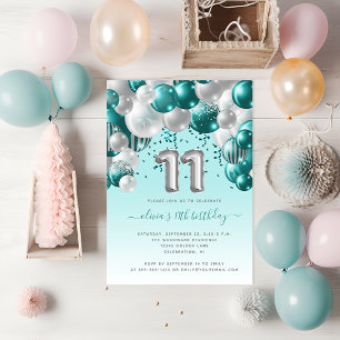 Ballonplein Blauwgroen Silver 11th Birthday Party Briefkaart