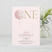 Ballonroze en goudmeisjes 1e verjaardag kaart (Staand voorkant)