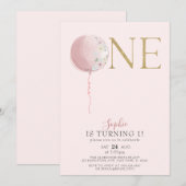 Ballonroze en goudmeisjes 1e verjaardag kaart (Voorkant / Achterkant)