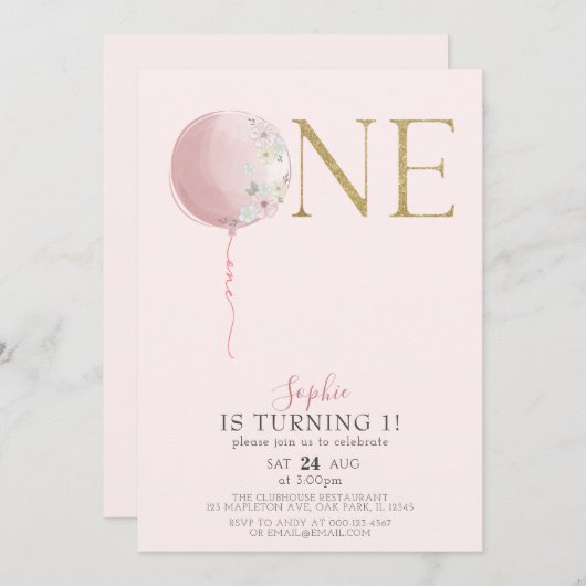 Ballonroze en goudmeisjes 1e verjaardag kaart (Voorkant / Achterkant)