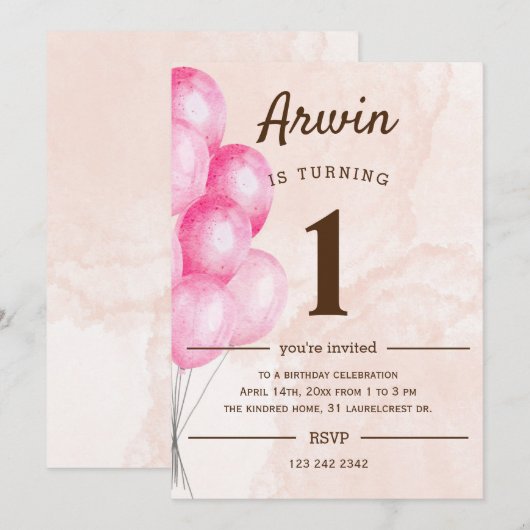 Ballons 1e verjaardag kaart (Voorkant / Achterkant)