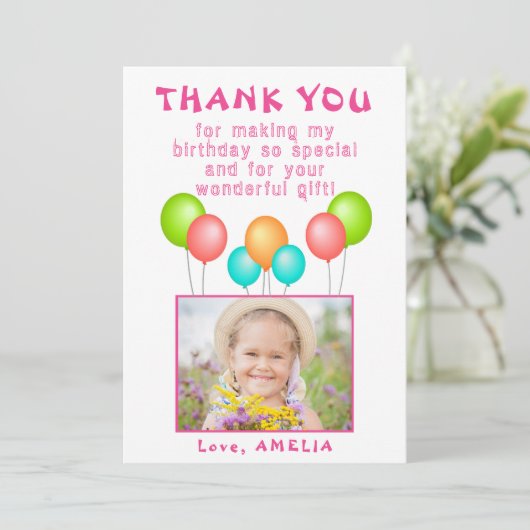 Ballons Colorful Girl Birthday Foto Bedankkaart (Staand voorkant)
